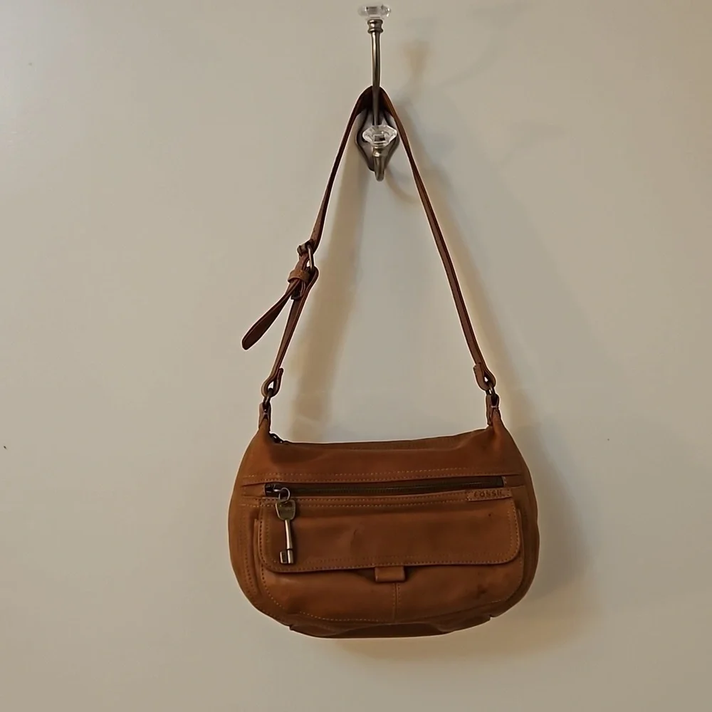 VTG FOSSIL 1980s Camel Leather Shoulder Bag